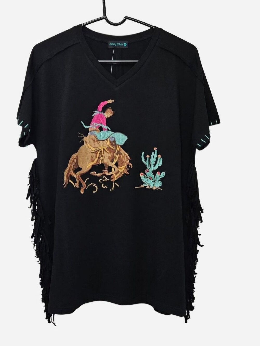 Sterling Kreek black western rodeo blouse with fringe down sides & embroidered - Picture 1 of 7
